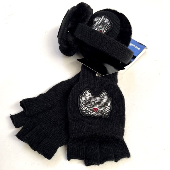 NWT 2pc KARL LAGERFELD Rhinestone Earmuff + Gloves Mittens Cat One Size Black - Picture 1 of 4